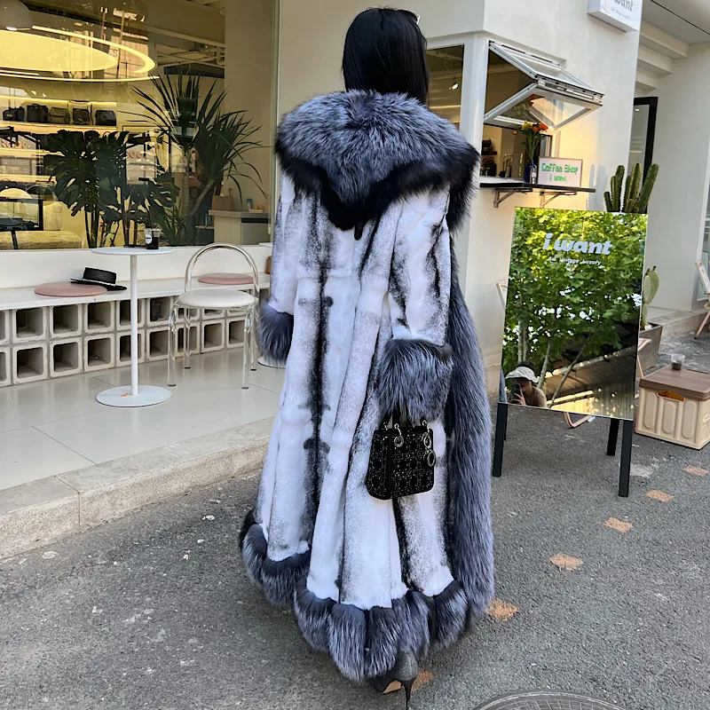 Женское длинное пальто из натурального меха кролика Рекс зимнее с воротником