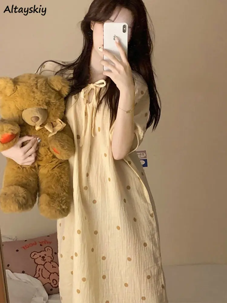 

Summer Nightgowns Women Baggy Dot Vintage Design Chic Hot Girls Students Gentle Home Lounge Sleepwear Fashionable Short Sleeve