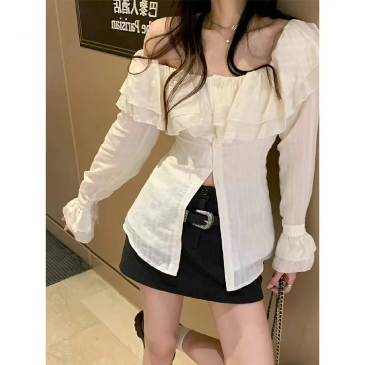 

Sweet Simple Slash Neck Ruffles White Shirts Women 2023 Spring New Slim Fit Blouses Y2k Grunge Long Sleeve Blusas Mujer