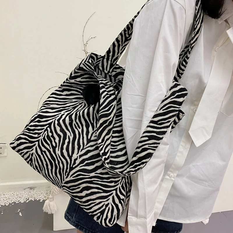 

2022 Zebra Handbag Shopper Bag Cotton Canvas Shoulder Bag Reusable Eco Tote Bags Female Fashion Shopping Bag Casual Beach Bag