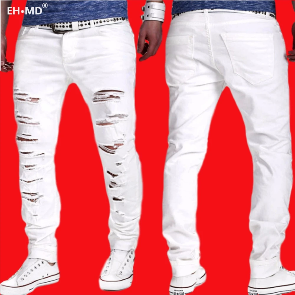 White Hole Scratch Jeans Men's Cotton High Street Urban Stretch Black Pants Slim Breathable Thin Foot Comfortable 2020