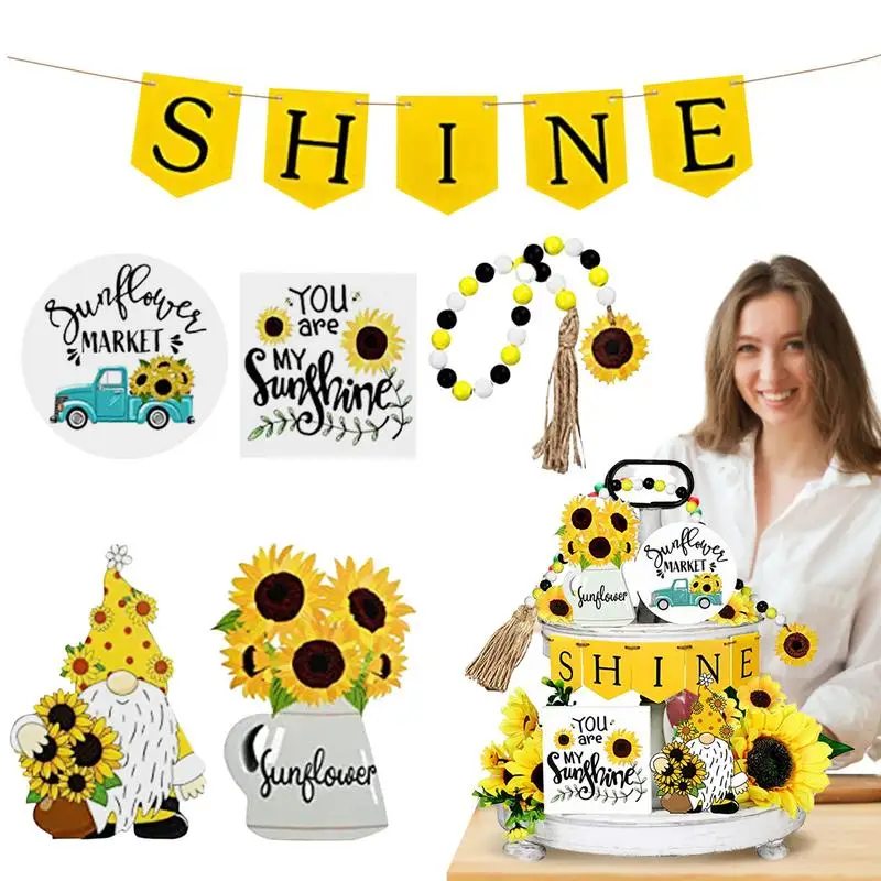

Sunflower Farmhouse Summer Decorations Farmhouse Wood Tier Tray Faceless Gnome Summer Decors Summer Decoration For Window Wall