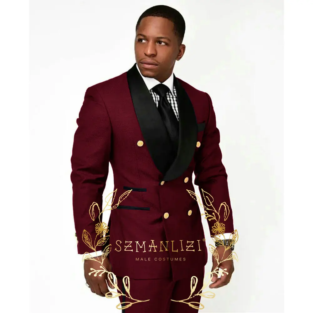 Фото Темно-синие мужские костюмы Slim Fit Groomsman с золотыми пуговицами, двубортный вечерний смокинг, костюмы жениха для мужчин, свадебный утренний блейзер №4