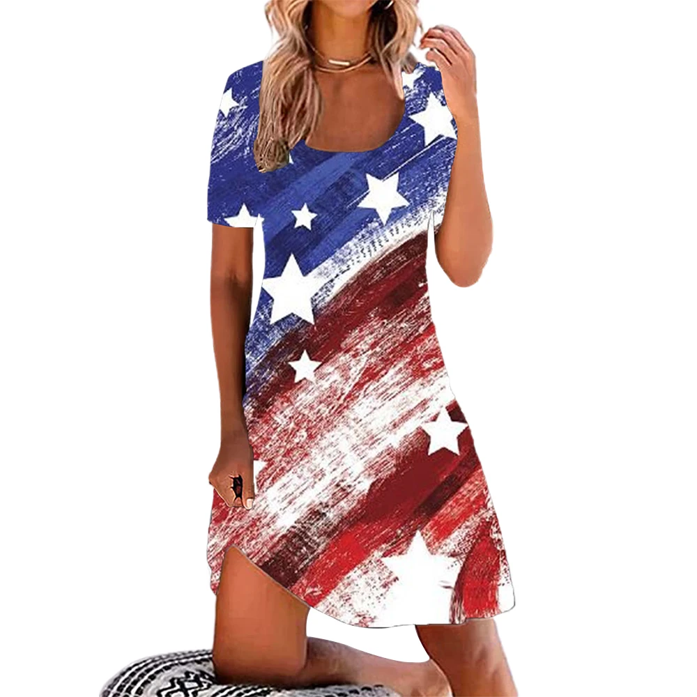 

Indepemdence Day American Flag 3D Print Mini Sexy Beach Dress July 4th Women T Shirt Dresses Loose Ladies Short Sleeve Vestidos