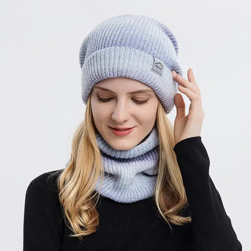 Winter Hat Women Warm Fleece Gradient Wool Hat Thickened Outdoor Ear Protection Knitted Cap Scarf Two-piece Set  Beanies Caps