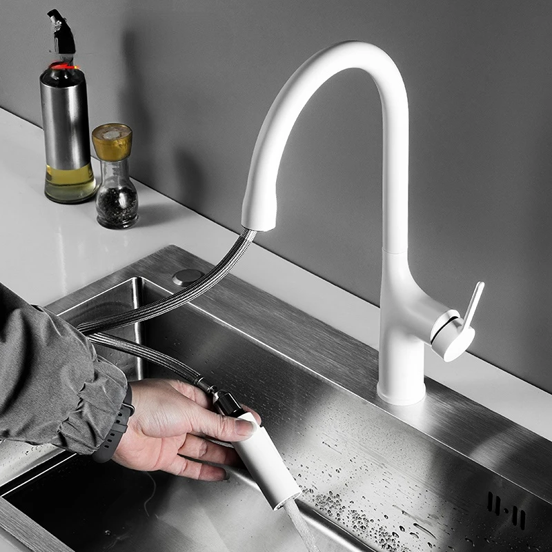 

Kitchen pull taps kitchen accessories hot and cold household retractable swivel full copper water dragon white