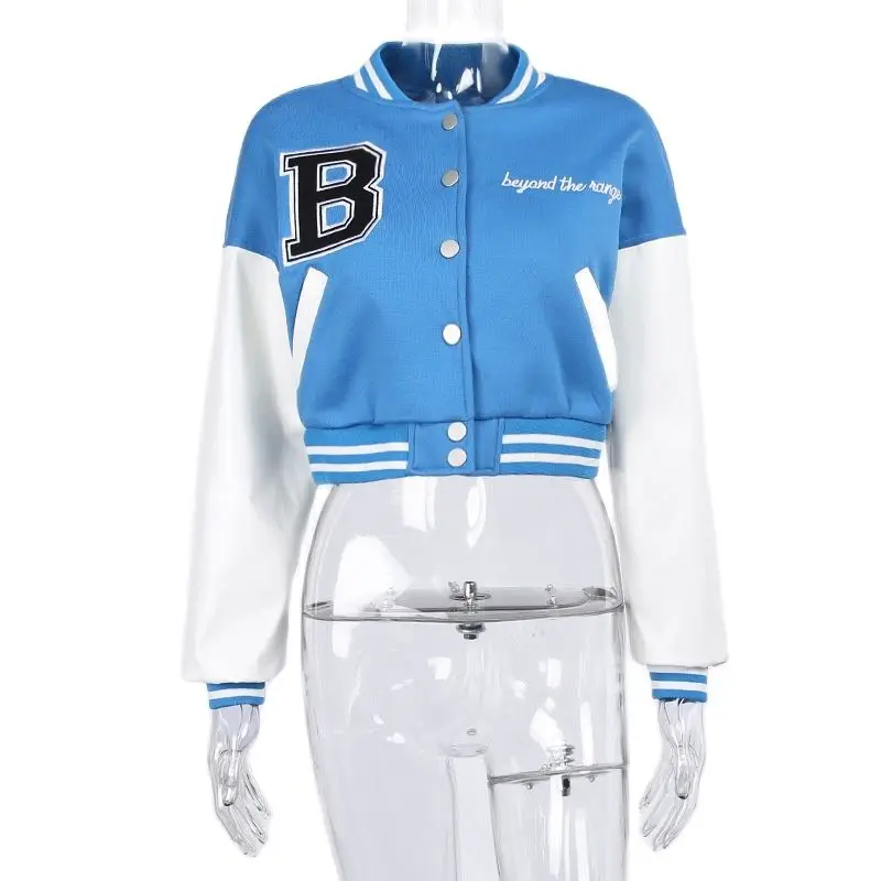 New Women's Single Breasted SSlim Fit Jacket Pu Sewn Letter B Embroidered Long Sleeved Baseball Uniform Sports Jacket