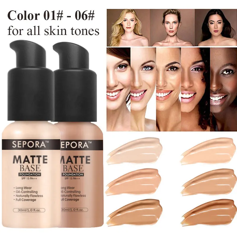 

6 Colors Matte Liquid Foundation Oil Control Full Coverage Cream Natural Concealer Base Creamy Muscle Makeup Cosmetics 30ML