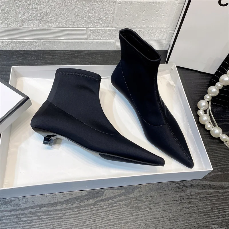 Women Ankle Boots Pointed Toe New Autumn Brand Ladies Zipper Kitten Heels Pumps Female Dress Shoes Slip On Modern