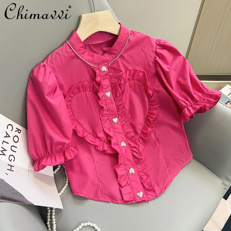 

2022 Summer New Fashion Diamond Stitching Wooden Ear Love Stand Collar Puff Sleeve Shirt Women's Slim Short Elegant Blouses
