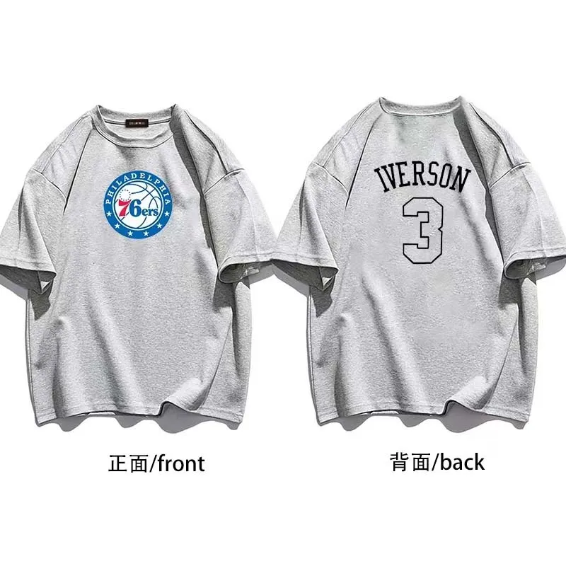 

76ers Iverson No. 3 Training Wear Men's Sports T-shirt Pure Cotton Summer New Short Sleeve Trend Men's Tee Oversized loose Top