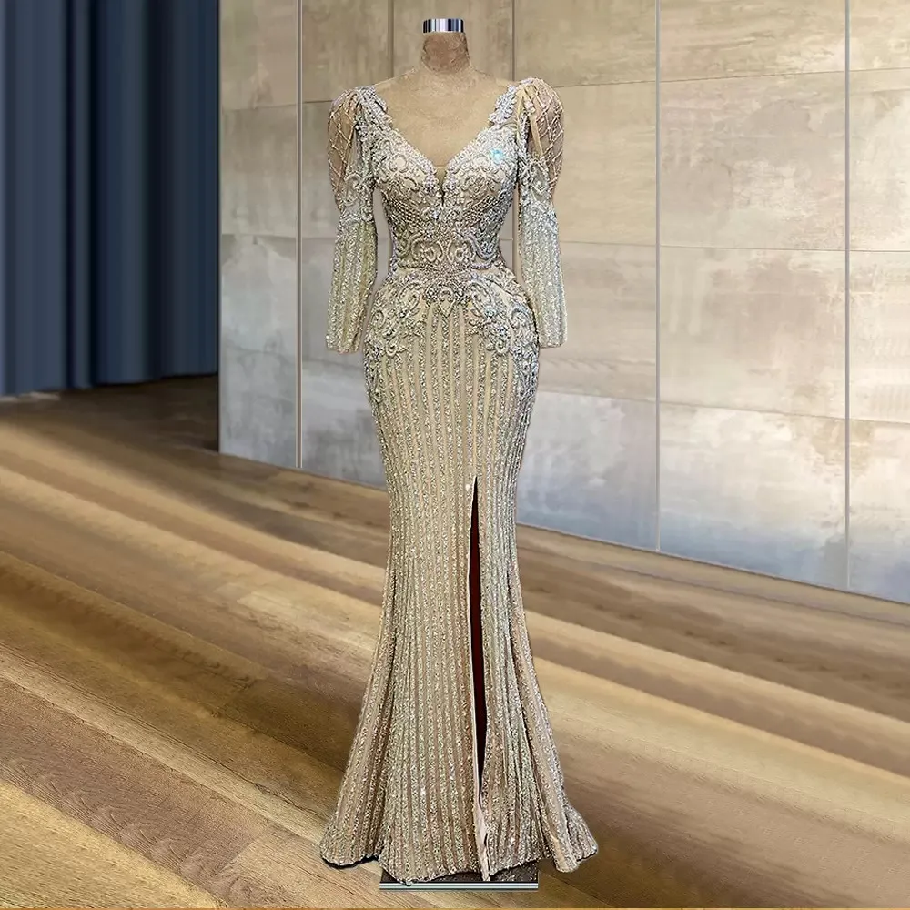

2023Mermaid Side Split Evening Dresses V Neck Long Sleeve Lace Appliqued Beaded Special Occasion Prom Gowns Plus Size Party Robe