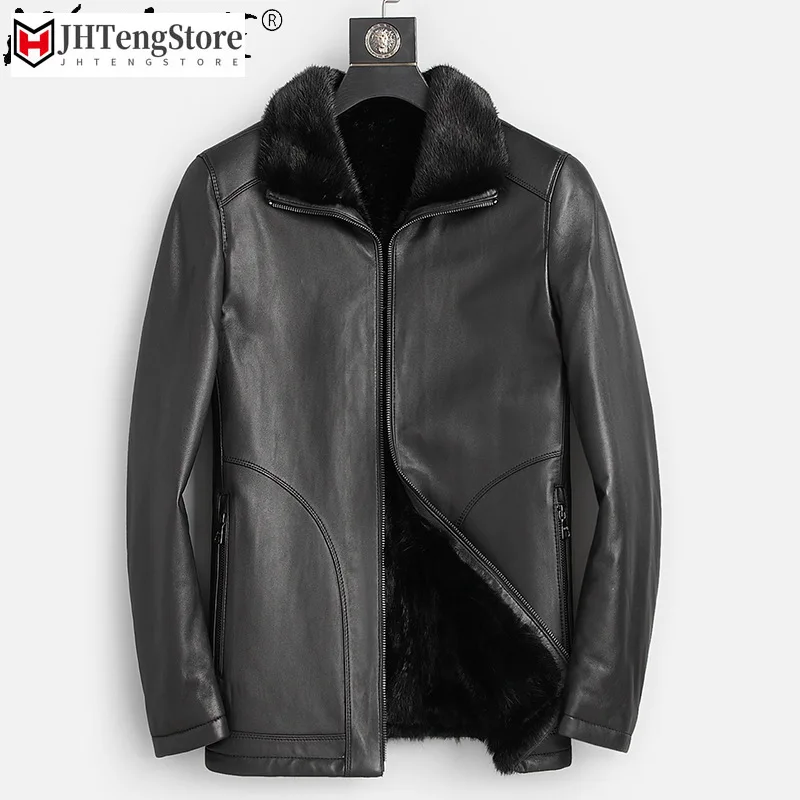 

New Winter Warm Genuine Sheepskin Leather Jackets Men Raccoon Fur Collar Coats Mens Clothes Korean Chaquetas Hombre