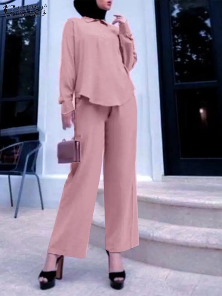 

ZANZEA Fashion Muslim Sets Two Piece Sets Womens Outifits Eid Mubarek Solid Pants Sets Casual Islamic Clothing Urban Tracksuit