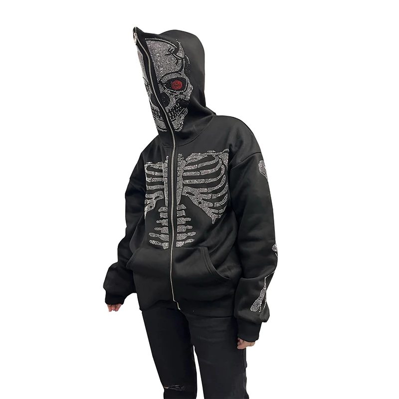 

Women Men Hoodie, Long Sleeve Hooded Hot Fix Drill Skeleton Zip-up Sweatshirt Streetwear