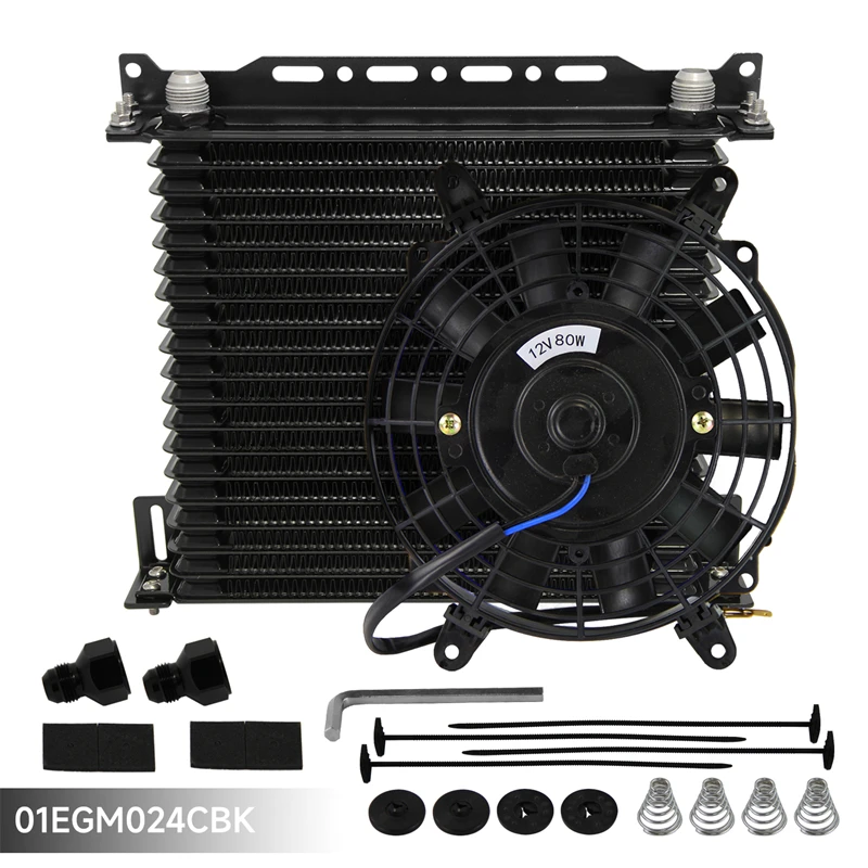 

Universal 19 Row Engine Oil Cooler AN10 w/ 2PCS AN10 To AN8 Fittings Mounting Bracket + 7" Electric Fan Black/Blue