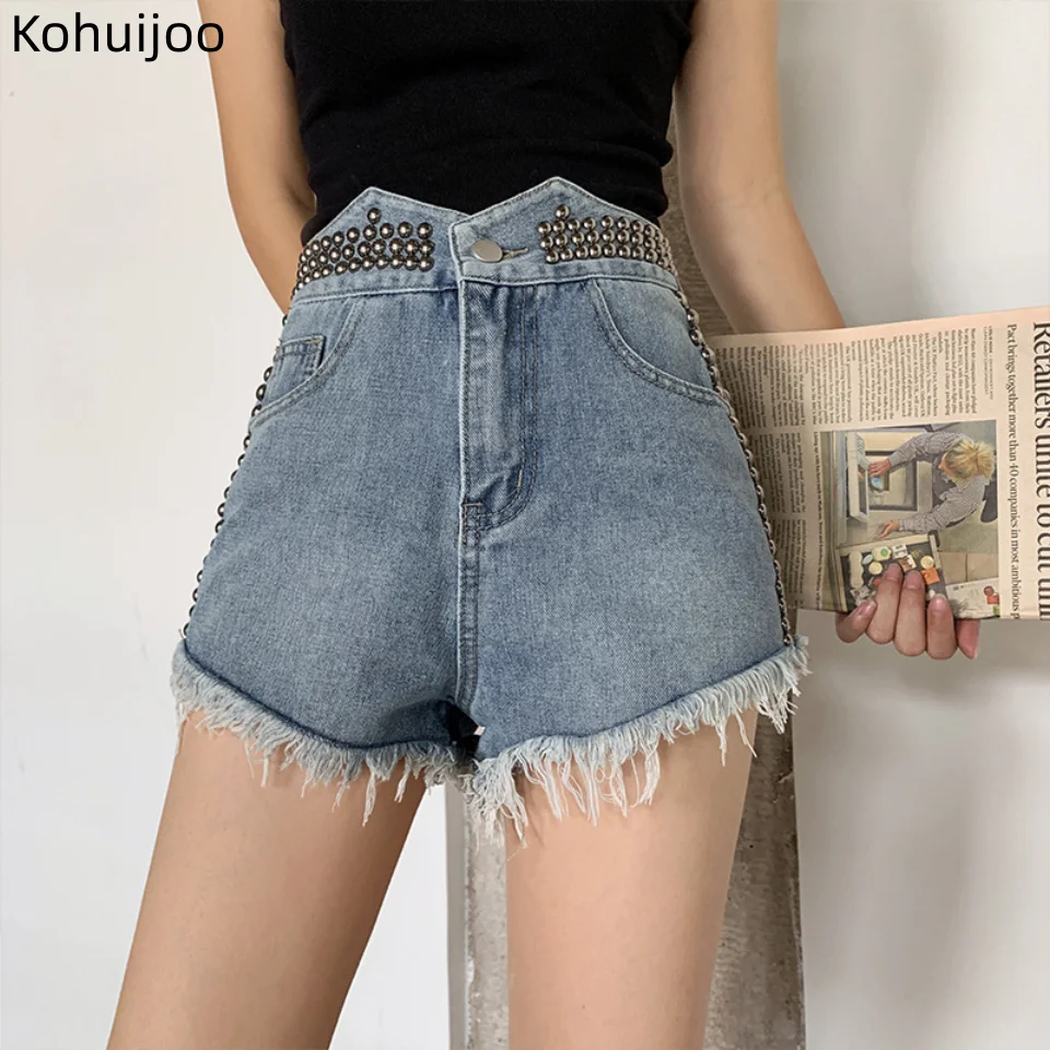 

Kohuijoo Summer 2023 High Waist Denim Shorts Female High Waist Washing Irregular Loose Fringed Fringed Women Shorts