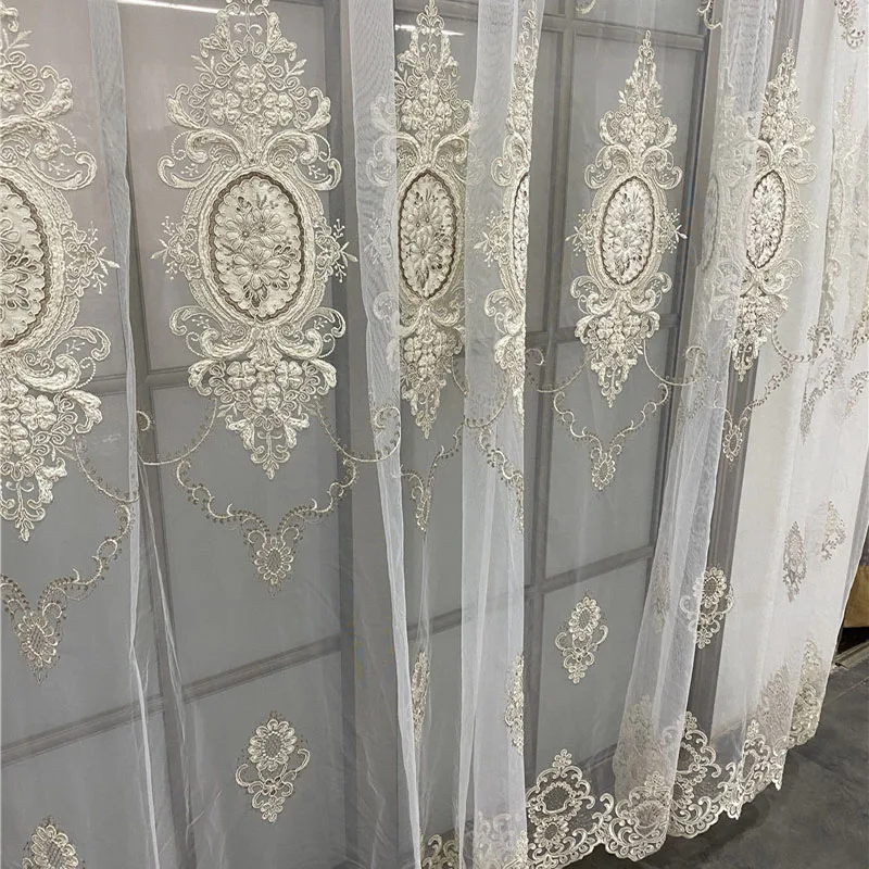 

Luxury European Embroidery Flower Sheer Curtain For Living Room White Romantic Lace Bottom New Home Decor Tulle Drapes