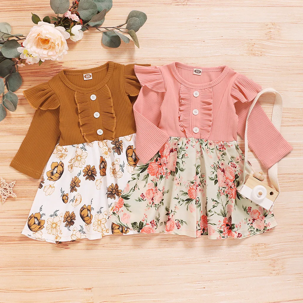 

Toddler Baby Girls Long Sleeve Ruffles Splice Floral Print Dress Clothes Long Sleeve Romper for Girls