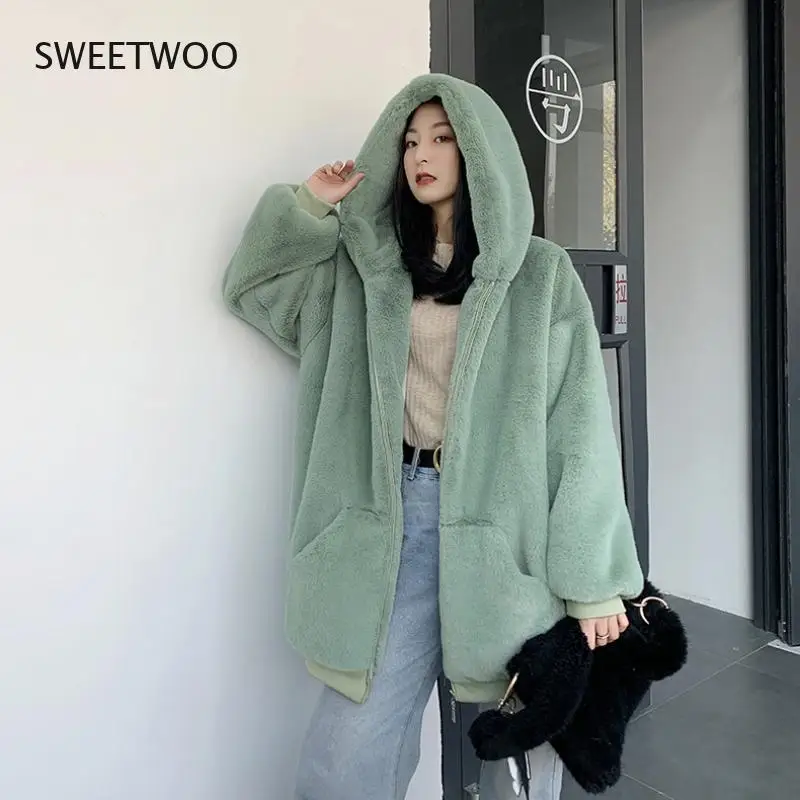 Fashion Plush Coat Women's Winter Imitation Rex Rabbit Fur Grass Loose Medium Length 2022 New Hooded Thickened Coat
