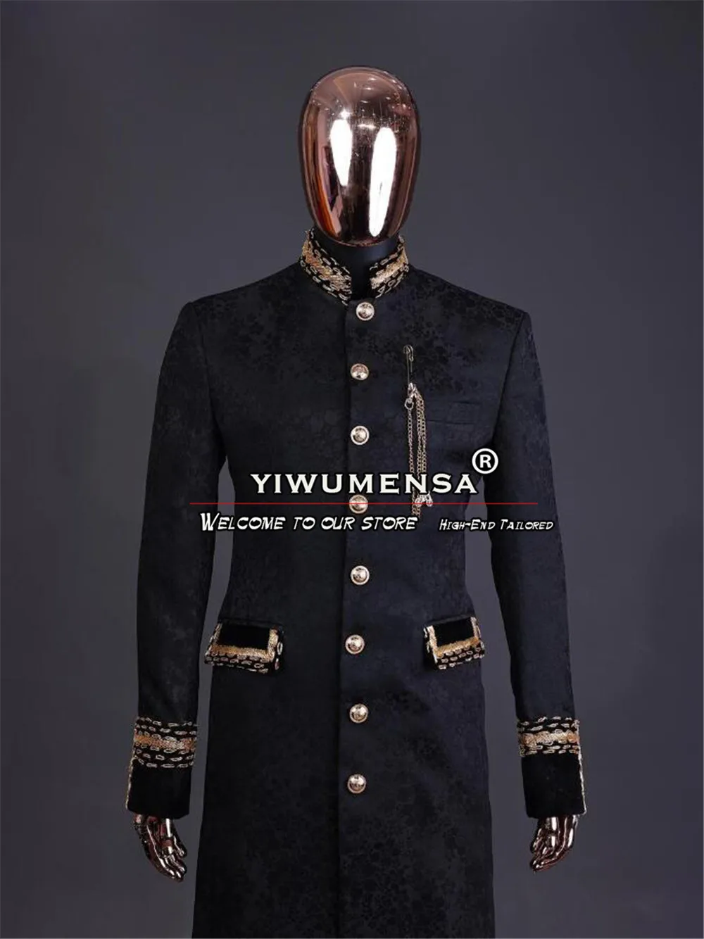 Женское шерстяное пальто однобортное длинное с золотыми бусинами