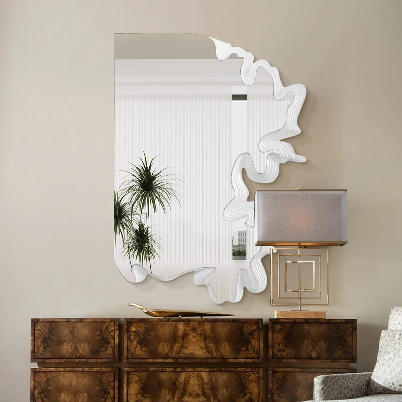 

Modern Design Wood Mirror Bathroom Quality Luxury Macrame Wavy Wall Mirror Living Room Asymmetrical Espelho Home Decoracion