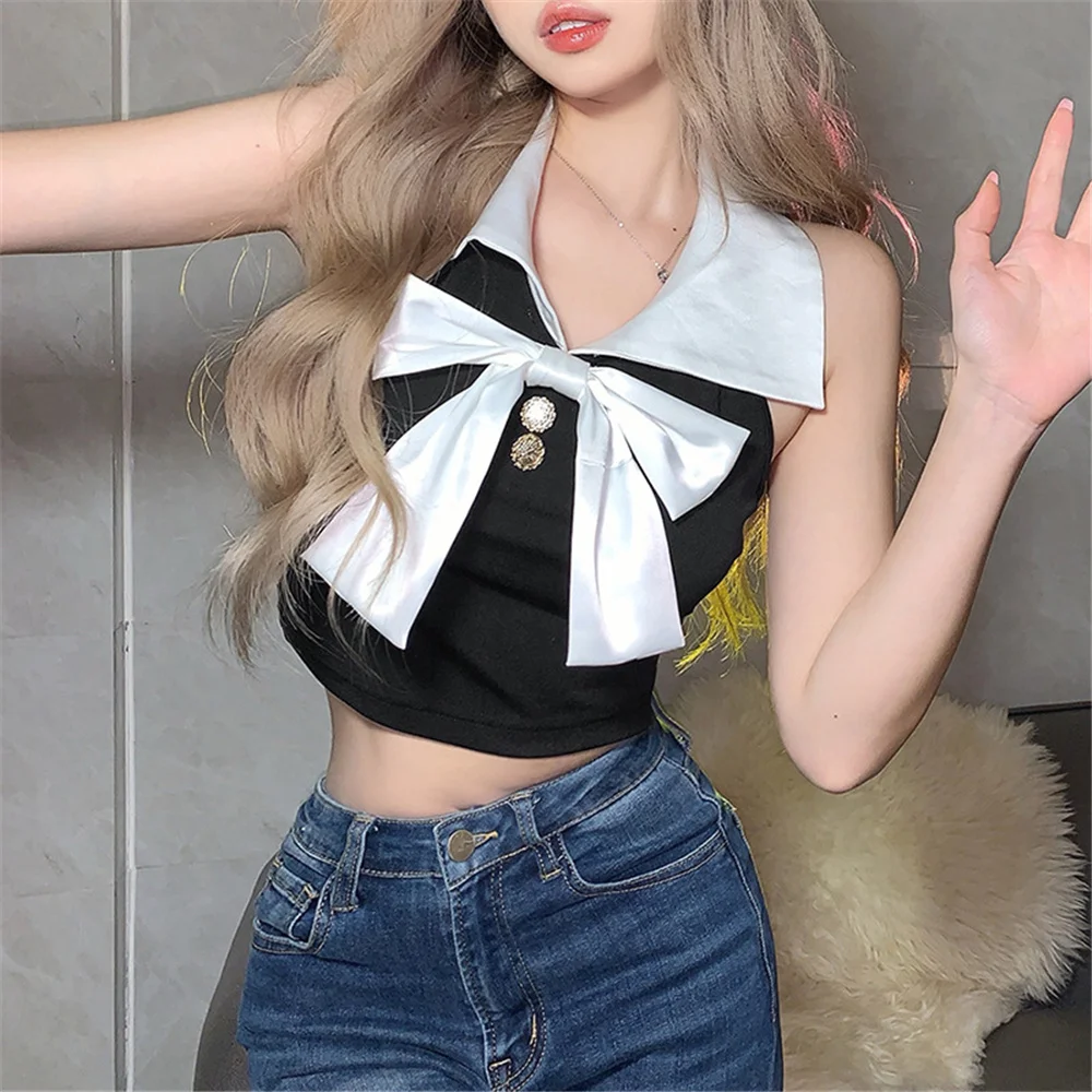 

2022 Summer Women Korean Camis Kawaii Contrast Color Bowknot Lapel Sexy Backless Crop Top Sleeveless Nightclub Hottie Tanks Tees