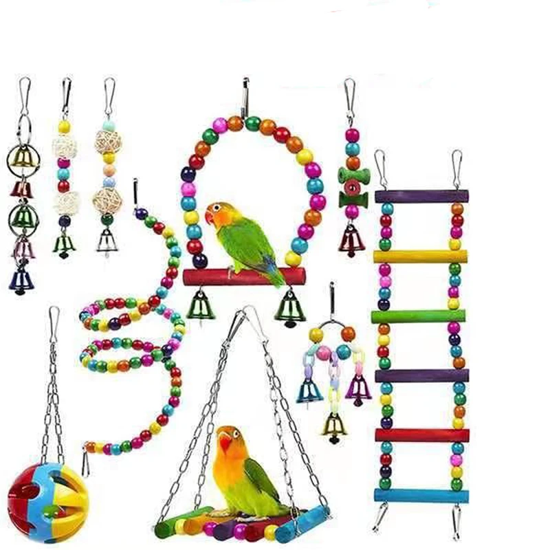 

10 pcs Bird Cage Toys for Parrots Reliable Chewable Swing Hanging Chewing Bite Bridge Wooden Beads Ball Bell Toys (in stock