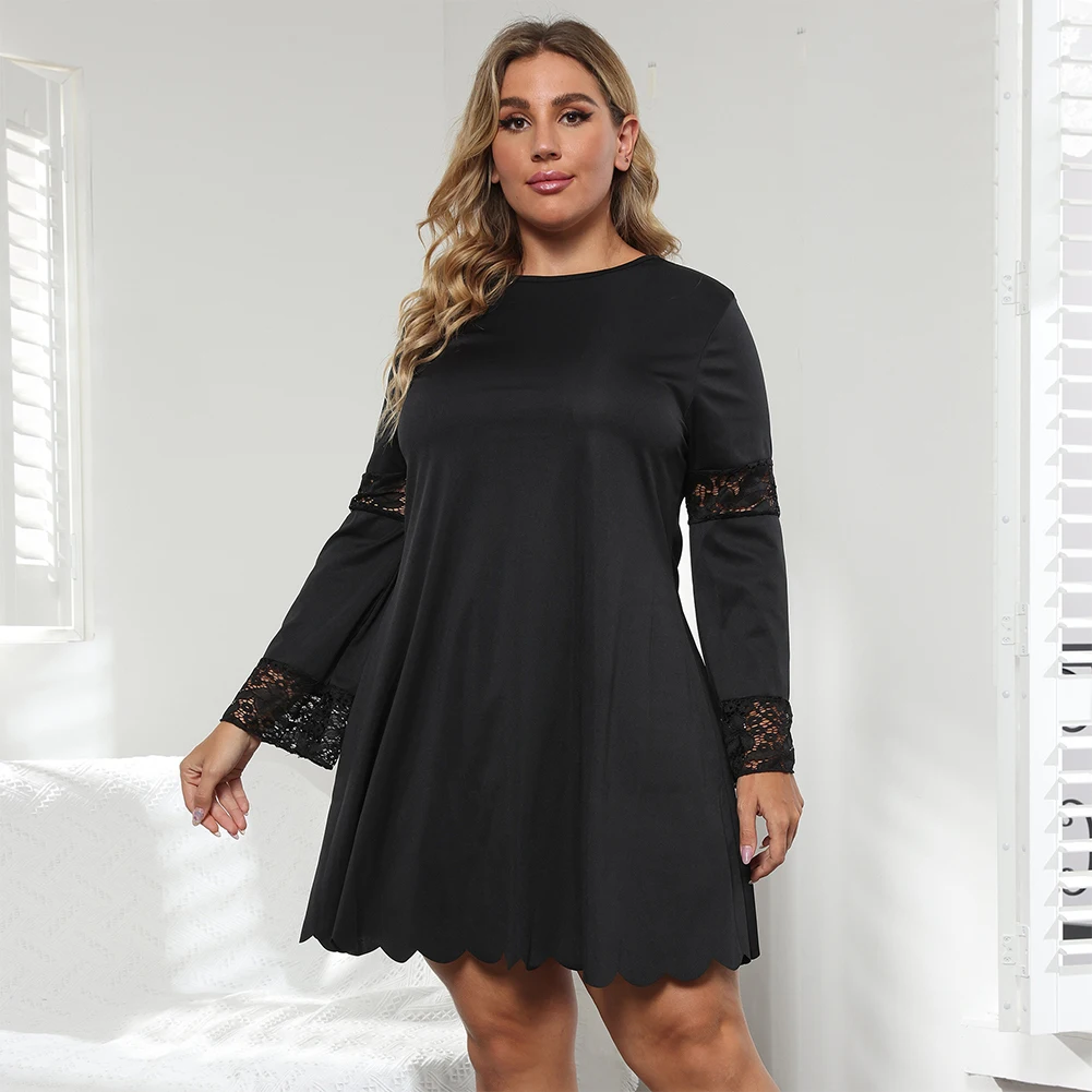 Brand New L~3XL Plus Size Women Soild Color Long Sleeve Lace Loose Knee Length Autumn Dress Soft And Comfortable