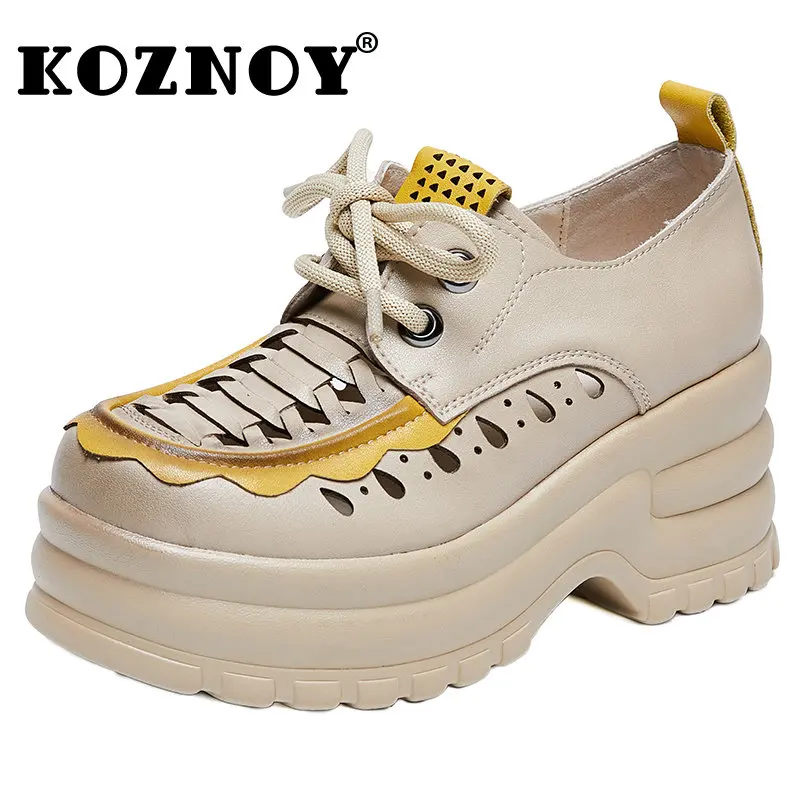 

Koznoy Women Boots Trend 2023 Weave 7cm Genuine Leather Heels Platform Wedge Ankle Hollow Breathable Moccasins MultiColor Shoes