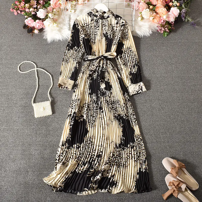 

Vintage Long Dress Popular Full Sleeve 2021 Spring Fall New Loose A-Line Printed Leopard Pleated Women Dress Elegant Robe