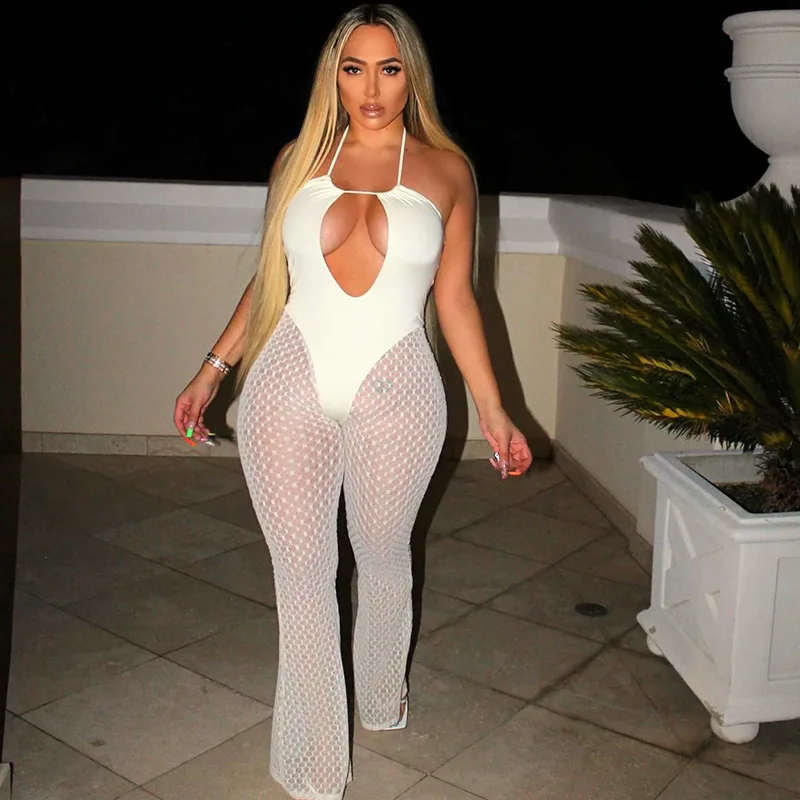 

FTS Summer Female Clothing Sexy One Piece Cutout Mesh Sleeveless High Waist Trousers Slim Bodysuit White Women's Jumpsuit