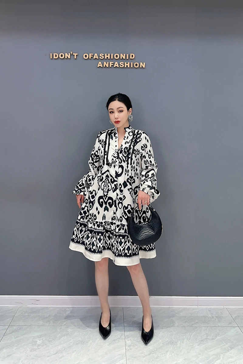 2024 осеннее новое элегантное свободное короткое платье с принтом женское модное