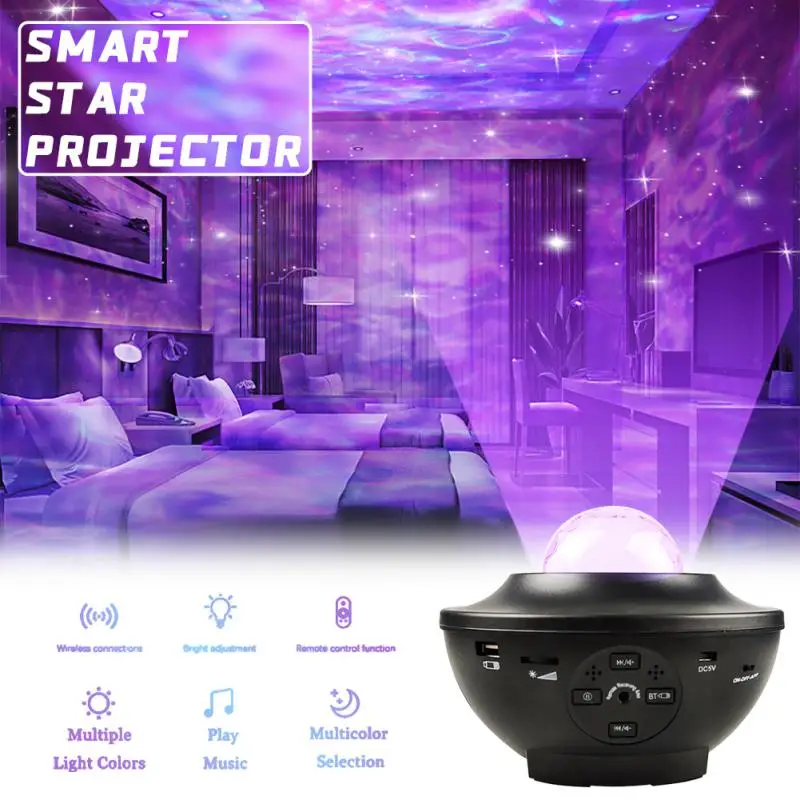 

LED Star Galaxy Projector Starry Sky Night Light Built-in Music Speaker Ocean Wave Projector Lights Bedroom Decor Lighting