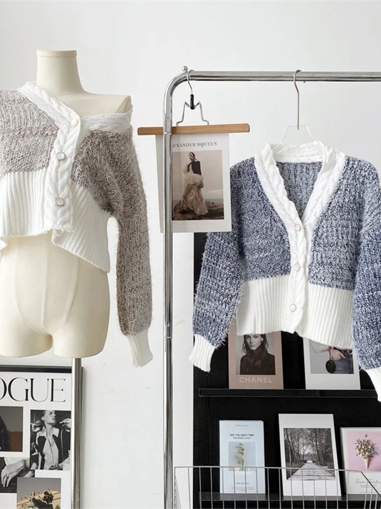 

Женский трикотажный кардиган в стиле пэчворк, однобортный свитер контрастных цветов в винтажном стиле ретро с V-образным вырезом, Осень-зим...