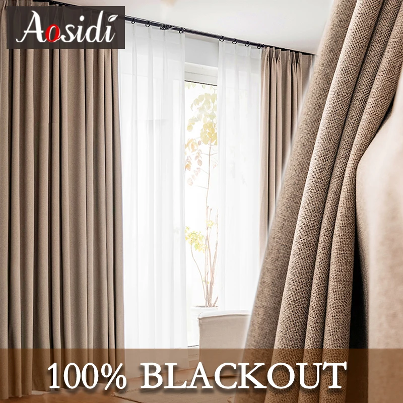 Linen Look 100% Blackout Curtains for Bedroom Window Curtains for Living Room Custom Made Extra Long Modern Blind Thick Drapes