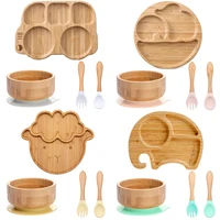4pcs bamboo plate sets baby feeding bowl wooden kids feeding supplies spoon fork for baby tableware suction plate bowl cup