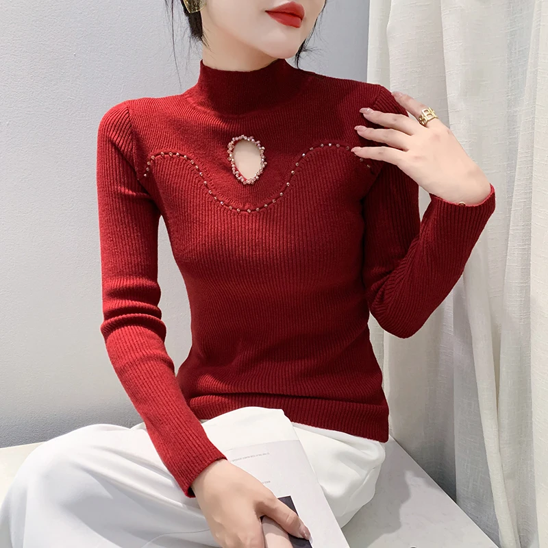 # 4331 вязаный свитер с высоким воротником женский короткий эластичный разрезом