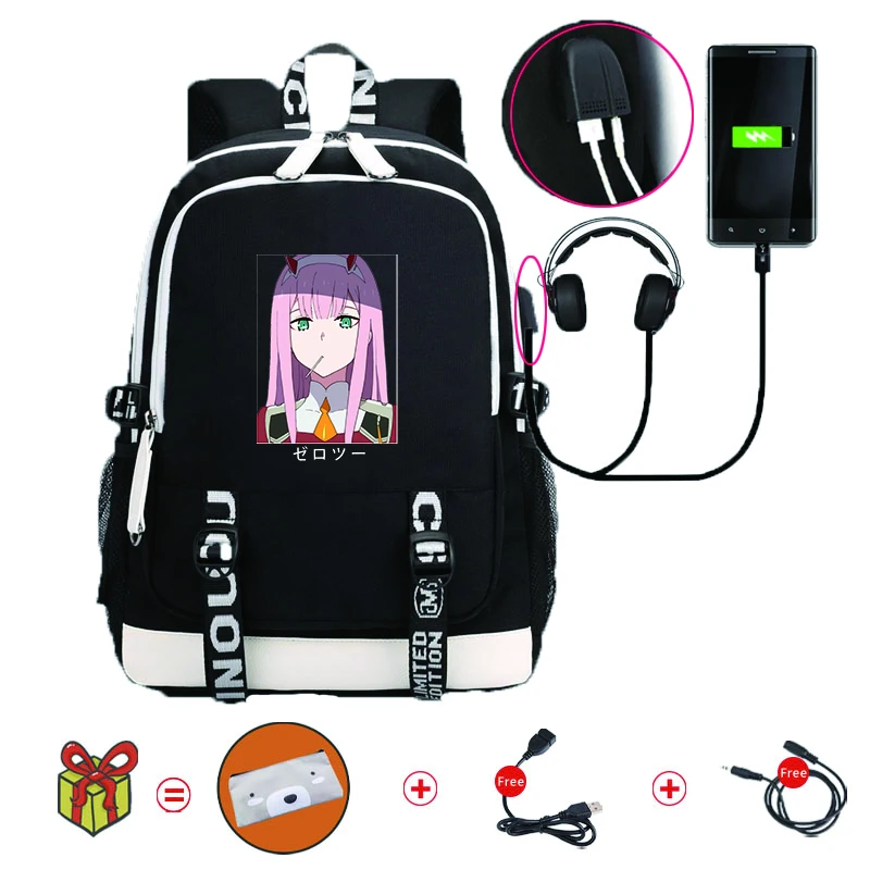 

Anime DARLING in the FRANXX Waterproof Girls/Boys Bookbags Laptop Rucksack Travel USB School Backpack Large Capacity For Student