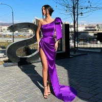 weilinsha purple mermaid evening dresses one shoulder high slit long train bridesmaid party gown simple satin prom dress