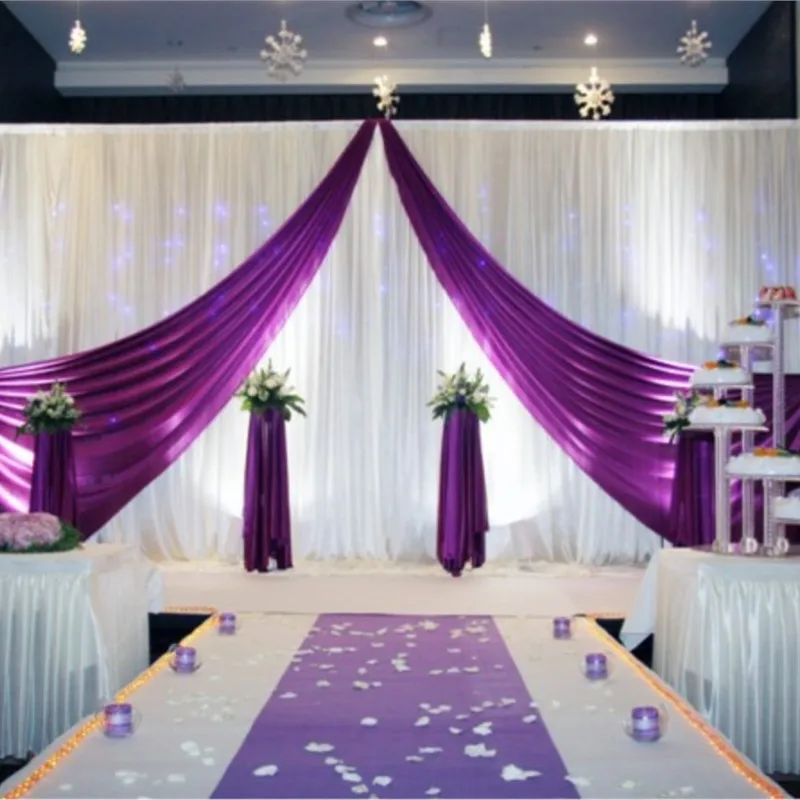 

3M x 6M white wedding backdrop with purple swags stage curtain decoration