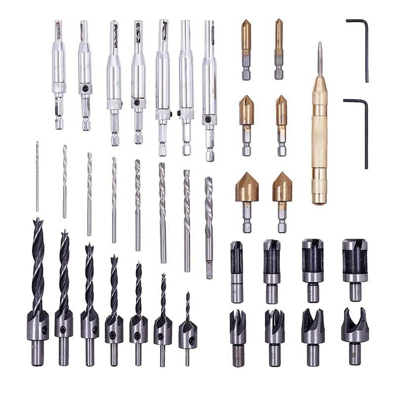 

ABSF 39Pcs Wood Drill Countersink Drill Bit Wood Plug Cutter With Automatic Center Punch Woodworking Chamfer Drilling Tool