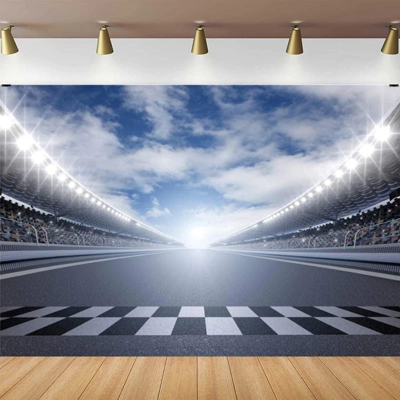 

Finish Line Race Track Photography Backdrop Racing Track Race Background Car For Birthday Motorsport Champion Competition Poster
