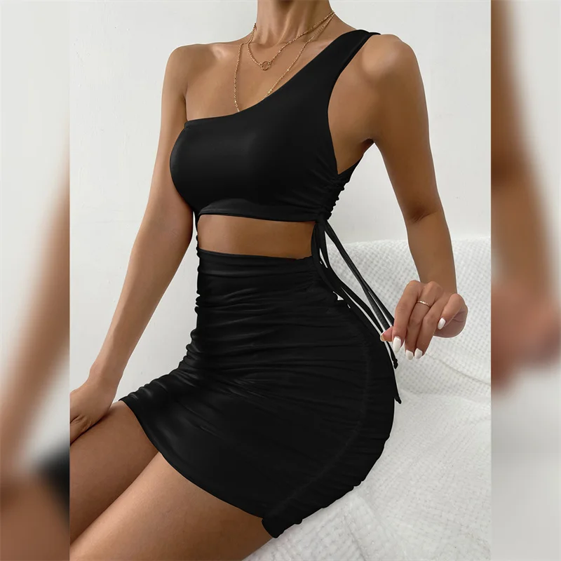

2022 Summer Women Sexy Backless Cutout One Shoulder Strap Dress Black Bodycon Hips Wrap Mini Dress Lady Party Club Ruched Dress