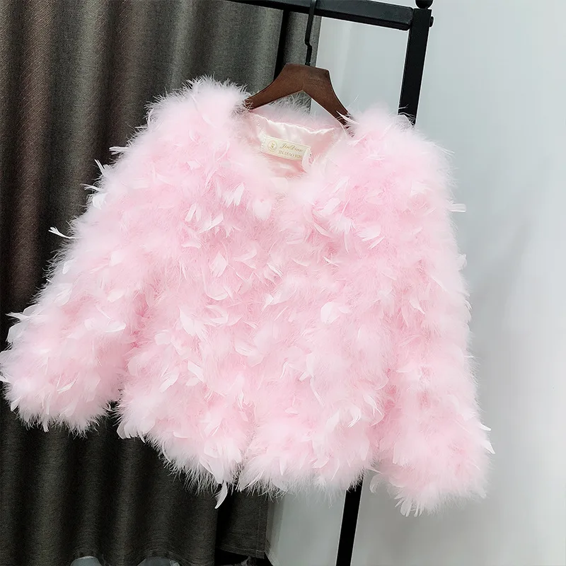 Autumn Winter Turkey Feather Korean Style Long-sleeved Encryption Thickened Ostrich Fur Coat Short Women Clothing Free Shipping