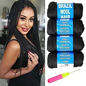 

4 упаковки, Бразильская пряжа, шерстяная акриловая нить для волос + крючок, африканская оплетка, скручивание, синтетическое волокно, наращивание волос, 12 цветов