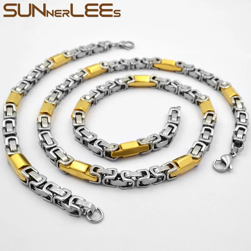 

SUNNERLEES Fashion Jewelry Stainless Steel Necklace Bracelet Set 7mm Byzantine Link Chain Silver Color Gold Plated SC131 S