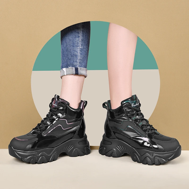 

Casual Sneakers Shoes Women Height Increasing Genuine Leather New Spring Autumn Ankle Boots Thick bottom High top platforms Shoe