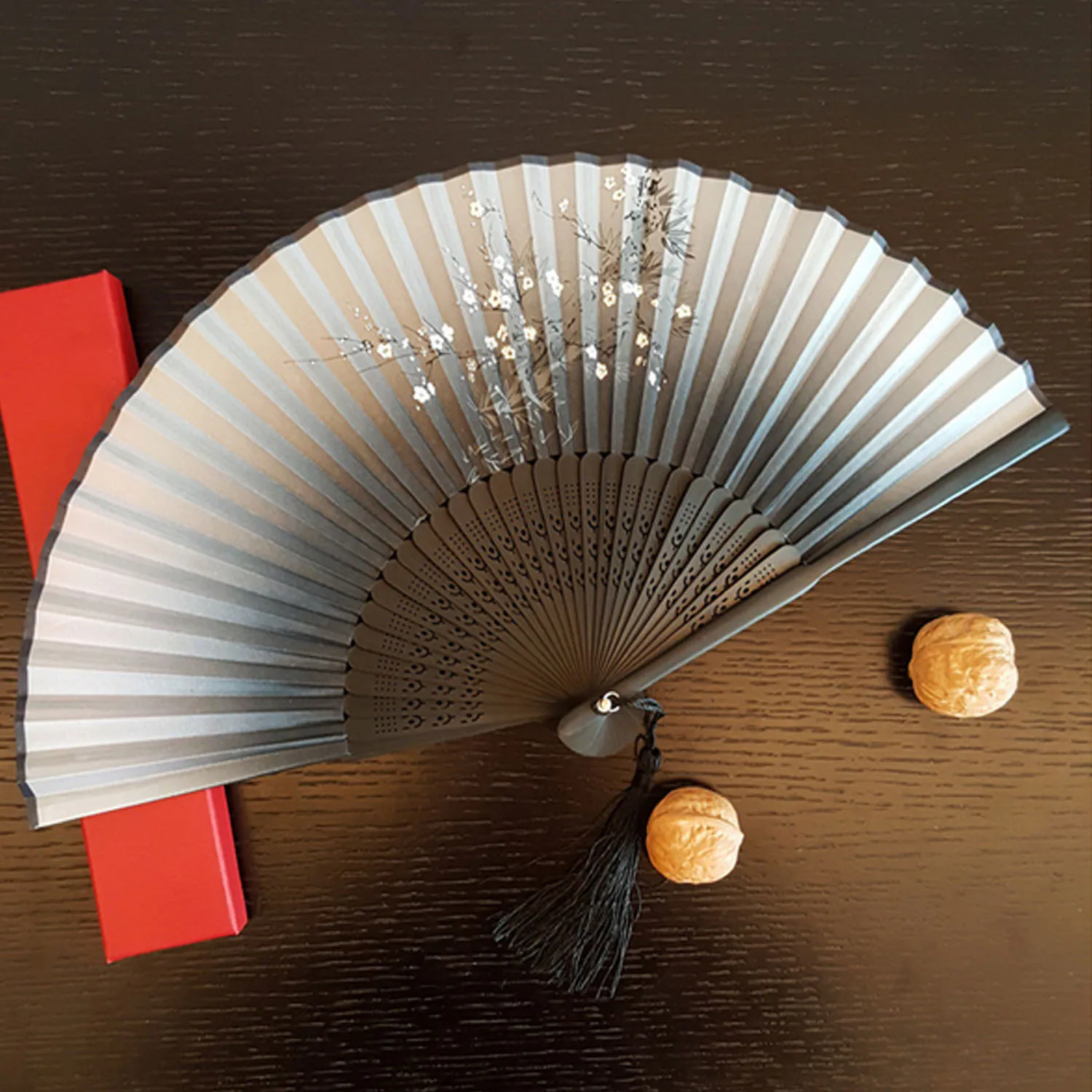 

Elegant Plum Blossom Style Imitation Silk Hand Held Folding Fan with Bamboo Frame for Dancing Performance Home Decoration Gifts