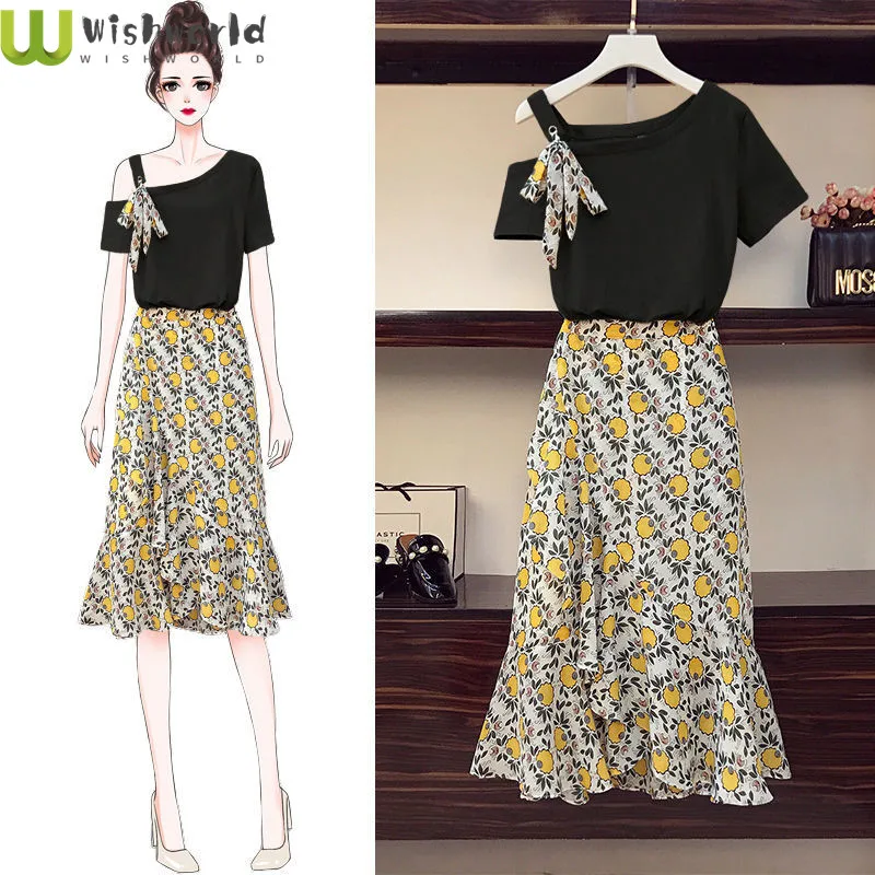

2022 Summer Clothes New Fat Mm Fashionable Age Reducing Skirt Two Piece Set Slim Women's Skirt Set